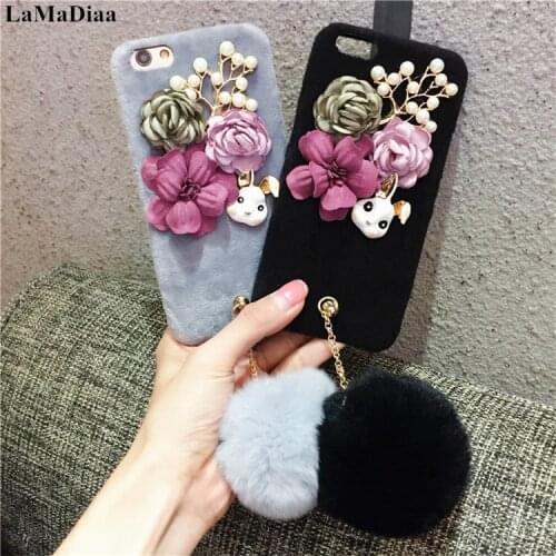 LaMaDiaa Warm Plush Fur Case For iPhone 12 11 Pro MAX 6 7 8 Plus Cute Girly Flower Soft Phone Back Cover For iPhone X XR Xs Max