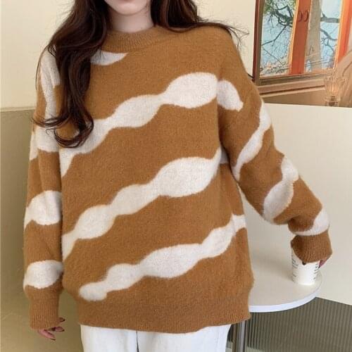 Sweater autumn and winter loose striped long-sleeved sweater round neck pullover knitted fashion simple sweater