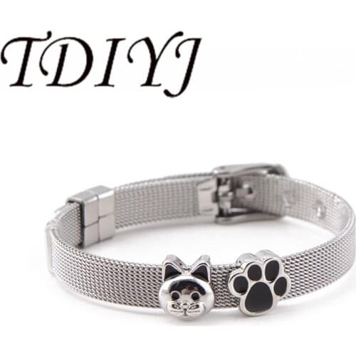 TDIYJ Animal Love Cat With Footprint Slide Charms 8MM Stainless Steel Mesh Bracelet for Women Children 1Set