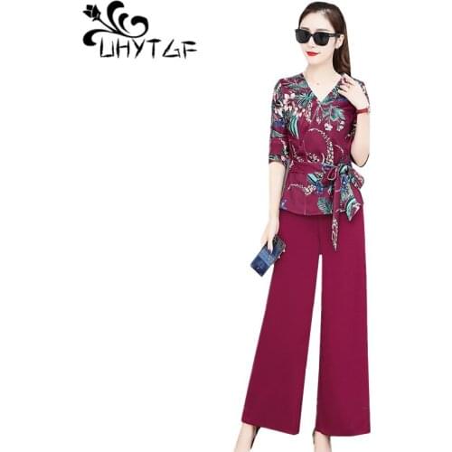 UHYTGF Spring suits for women plus size two piece set top and Wide leg pants retro print slim tops elegant sporty sets womans 74
