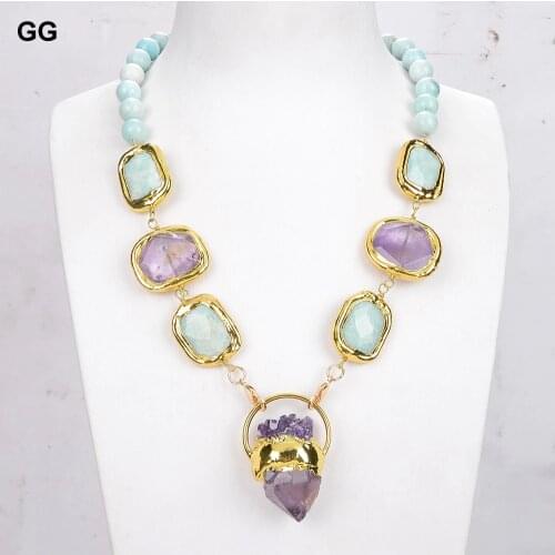 GuaiGuai Jewelry Natural Amazonite Amethyst Choker Necklace Amethyst Point Raw Pendant Necklace Vintage For Women 21"