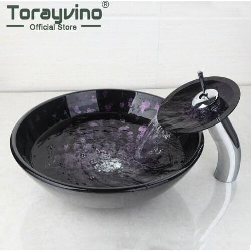 Tempered Glass Basin Set Cuba Banheiro Modern Luxury Sink Hand Painting Artistic Vessel Sink Bowl With Waterfall Mixer Faucet