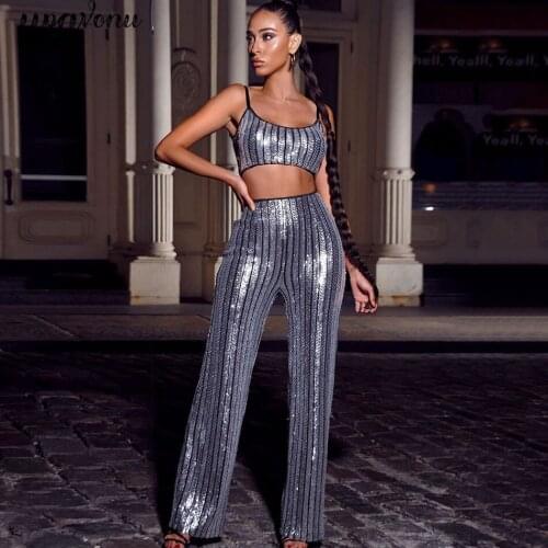 Free Shipping 2020 New Fashion Womens Suit Sequined Spaghetti Strap Sleeveless Short Tank Top & Sequined Pants 2 Two Piece Set