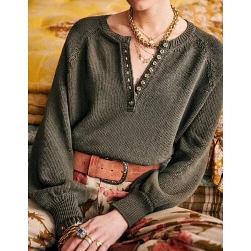 Spring Autumn Women Knit Sweater Buttons Solid Color or Striped Long Lantern Sleeve Casual Pullovers Tops