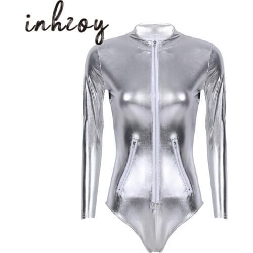 Women Shiny Patent Leather Long Sleeve Leotard Sexy Bodysuit Pole Dance Clothing Adult Nightclub Rave Stage Performance Costume