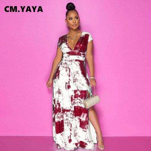 CM.YAYA Women Long Dress Print Short Sleeve V-neck Loose Splited Maxi Dresses Vintage Fashion Outfit Summer Streetwear Summer