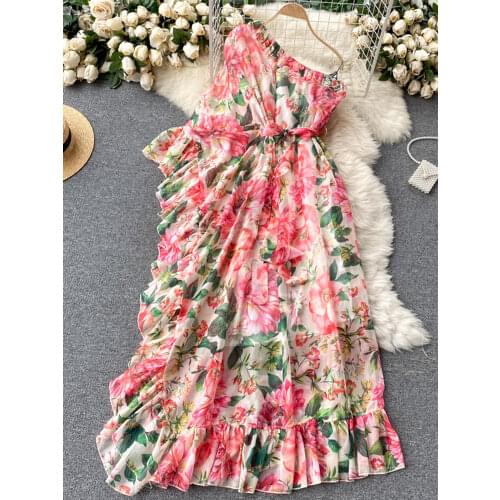 2021 summer European American Floral Maxi Vestidos Womens Diagonal Collar One-shoulder Ruffled Temperament Dress C639