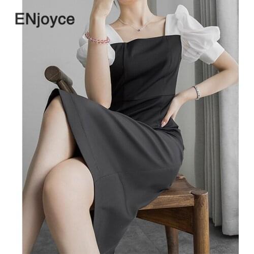 Vintage Slim Square Collar Midi Dress Women Korean Style Mesh Matchwork A-line Skirt Ladies Party Puff Sleeve Dresses Summer