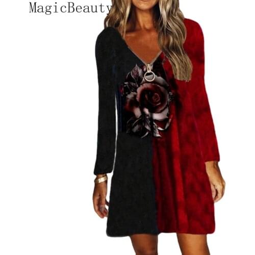Women Zipper V Neck Rose Flower Print Dress Casual Autumn Winter Long Sleeve Dress Bohemia Party T-shirt Pullover Dress