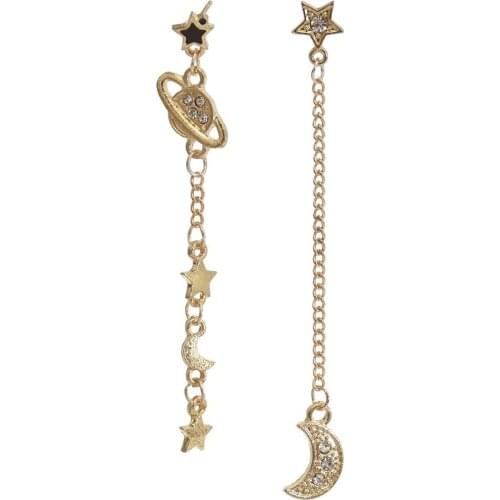 Gold Asymmetrical Star Moon Earrings Womens Long Style Crystal Earrings Asymmetrical Geometric Earrings Jewelry Birthday Gifts
