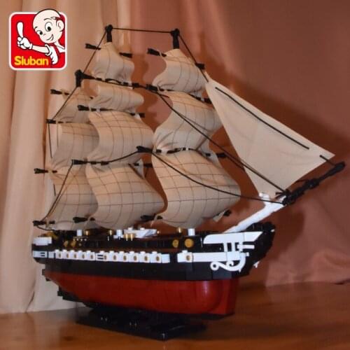 1118PCS SLuban 0836 Constitution Sailing Frigate Smooth Sailing Model Creative Assembly Building Blocks Toy Boat Gift
