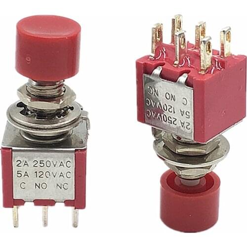 5pcs PS-202 Red 6Pin C-NO-NC 6mm Mini Momentary Automatic Return Push Button Switch 2A 250VAC/5A 120VAC Toggle Switches
