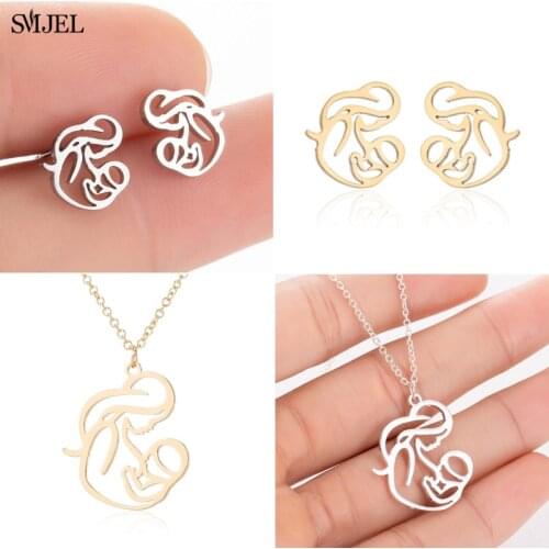 SMJEL Hollow Mum Mommy Breastfeeding Holding Baby Pendant Earrings Chain Mothers Day Family Charm Jewelry Fashion Gifts for Mom