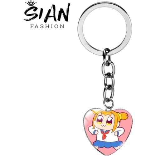 SIAN Anime POP TEAM EPIC Heart Shaped Keychain Glass Cabochon Surface Keyring for Children Gift or Handbag Pendant Cute Trinkets