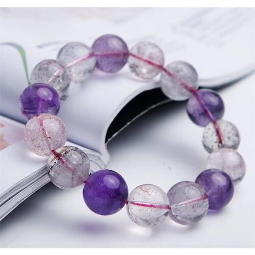 14mm Natural Purple Rutilated Quartz Crystal Big Stretch Clear Round Bead Natural Super Seven Melody Stone Bracelet