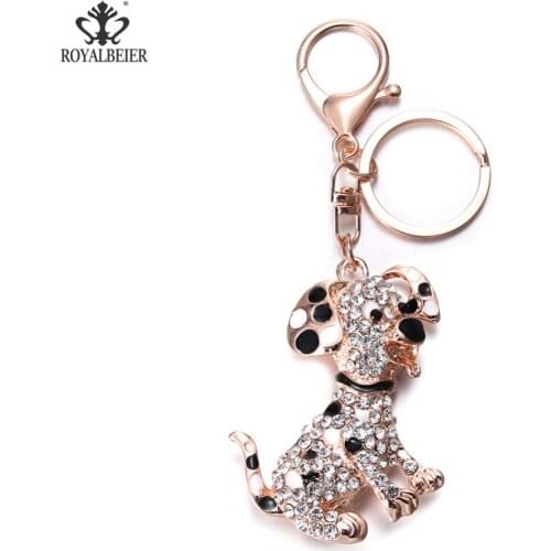RoyalBeier Black Spots Dog Crystal Rhinestone HandBag Pendant Keyrings For Female Keychains For Car Key Chains Holder Women