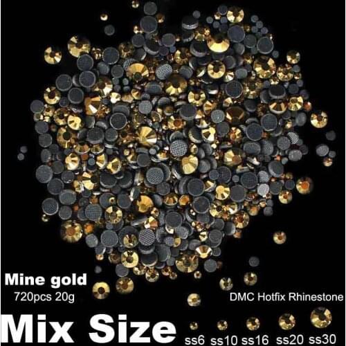 DMC Hotfix Rhinestones Mine Gold Mixed sizes SS6 SS10 SS16 SS20 SS30 720pcs Glue Backing Iron On Glass Stones DIY Backpack
