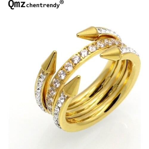 Europe Design Double Arrow 3 Layer Circles Trendy Women Rings Stainless Steel Conical Awl Row Crystal Brand Love Cone Nail Ring