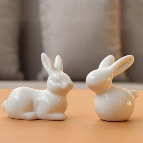 Ceramic Cute Cartoon Rabbit Figurines Creative Mini Minimalist Animal Statue Lucky Easter Craft Home Decor Ornament Car Interior