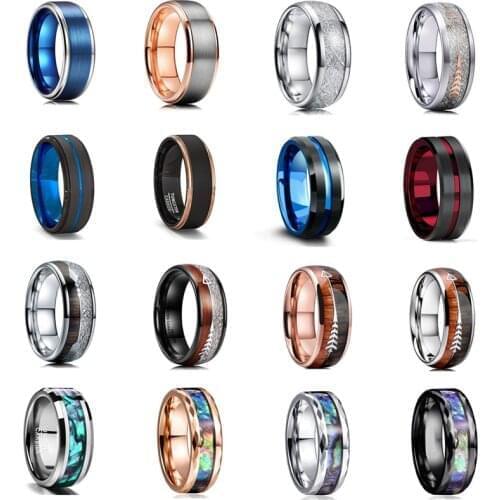 FDLK Wholesale Fashion 8MM Mens Stainless Steel Rings Thin Blue Line Carbon Fiber Groove Beveled Edge Ring Wedding Band Jewelr