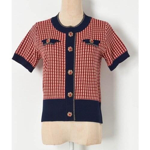 Round Neck Short Sweater Jacket Striped Womens Diamond Button Knit Cardigan Short Sleeve Top Loose Red Plaid Cardigan 2021 New
