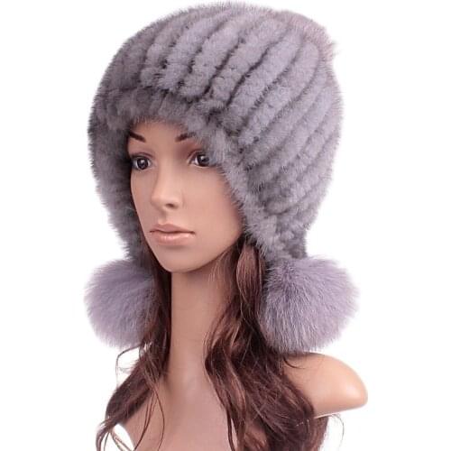 Woman Winter Plus Size Casual Thick Stretch Bulb Weaving Mink Skullies Beanies Fur Hats Lady Protect Ear Warm Fox Fur Caps