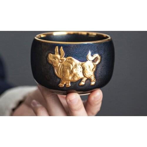 LUWU Ceramic Tea Cup with Gift Box Gold Chinese Tea Cup 175ml
