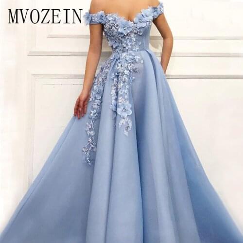 Sky Blue Evening Dress 3D Flower Evening Dresses Long Muslim Style Evening Party Dress Formal Gowns Vestido de festa Longo