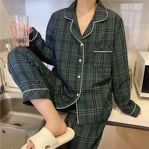 Autumn casual home set women pajamas set pocket plaid sleepwear 2 piece set lapel collar shirts pants lounge wear homewear Y141