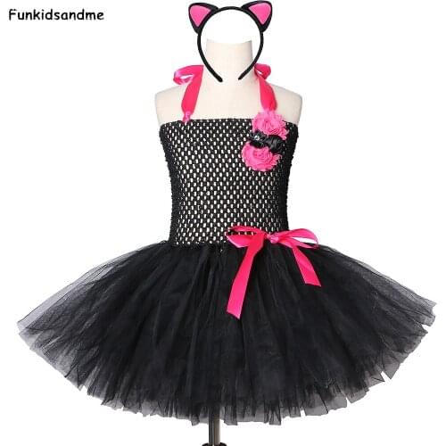 Pink and Black Cat Girls Tutu Dress Tulle Flowers Girl Birthday Party Dress Halloween Carnival Kids Cosplay Animal Cat Costume