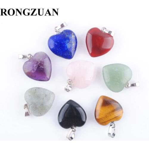 RONGZUAN Natural Tigers Eye Amethysts Agates Lapis Lazuli Gem Stone Love Heart Bead Reiki Chakra Healing Pendant Necklace TBN345