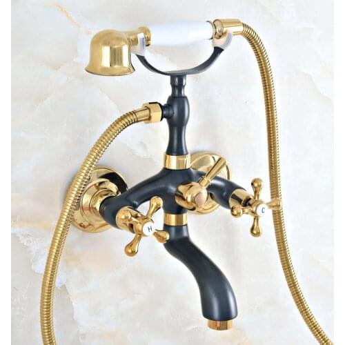 Oil Rubbed & Gold Brass Two Handle Wall Mounted Bathroom Bath Tub Faucet Set with 150CM Hand Held Shower Spray Mixer Tap 2na402