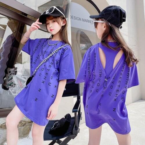 Girls Mid-length SportT-shirt 2021 New Youth Girl Summer Dress Student Letter T-shirt Dress Kids Loose Top