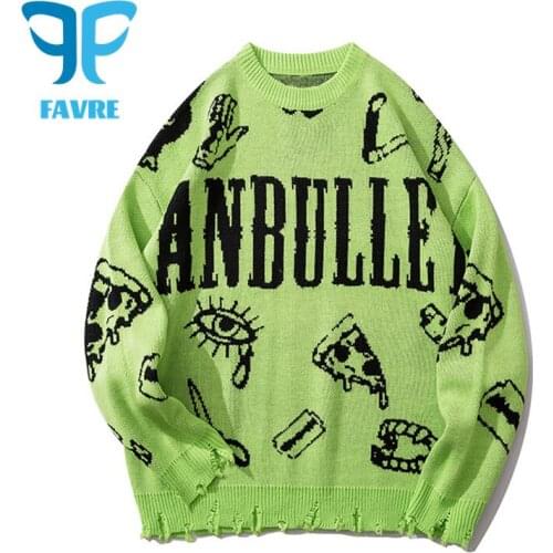 FAVRE Hip Hop Ripped Hole Sweaters Pullovers Men Oversized O-Neck Letter Jacquard Knitted Sweater Casual Loose Long-Sleeve Tops