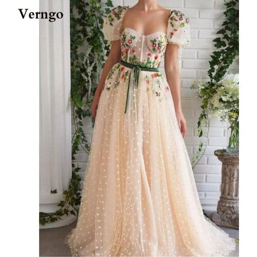 Verngo Fairy A Line Polka Dots Tulle Evening Dresses Long Prom Gown Short Puff Sleeves Flowers Crystal Formal Party Dress