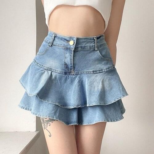 KoukiMa Summer Women Denim Skirt Sexy Pleated Mini Jeans Skirts Ruffles Preepy Style Low Waist Sweet A-Line Short Skirt Girls