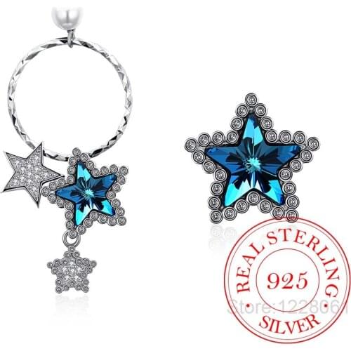 Women Asymmetrical Sterling Silver 925 Stud Earrings Crystals Stars Earrings S925 Hoop Dangle Stud Lady Earrings
