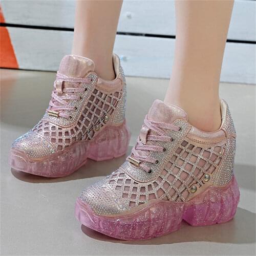 NAYIDUYUN Summer Tennis Shoes Women Leather Platform Wedges High Heel Gladiator Sandals Rhinestone Sneakers Trainers Shoes