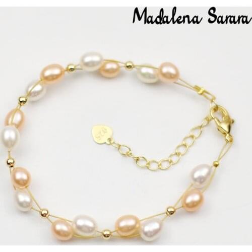 MADALENA SARARA 7-8mm Genuine Freshwater Pearl Bracelet Colorful White Purple Pink Rice Shape Pearl Women Bracelet MD-S96568