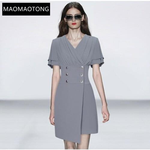Womens Clothing Fashion Designer Summer Slim Short Dress Women V-neck Short sleeve Double Breasted High waist Mini Dress