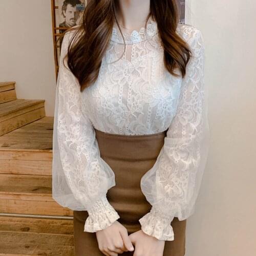 40# Fashion Women’s Elegant Blouses Solid Color Puff Sleeve Lace O-neck Long Sleeve Vintage Tops Vintage Shirts Женские Вещи