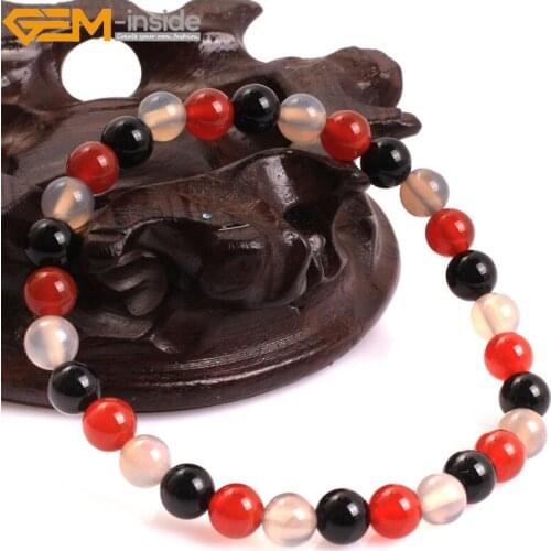 Gem-inside Natural Round Smooth Black Grey Red Agates elastic mala bracelet jewelry for For Man Woman Selectable Size
