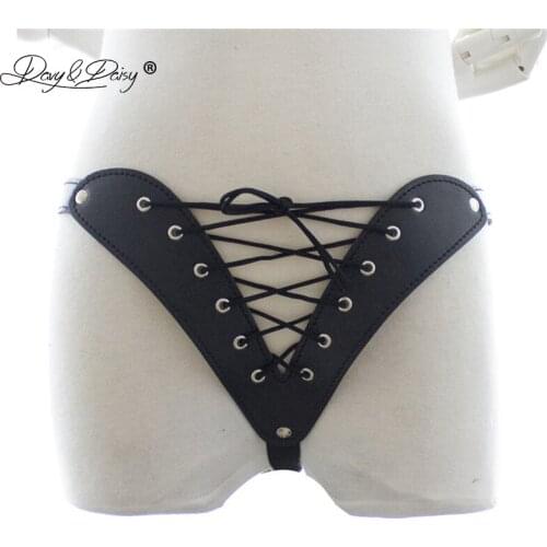 DAVYDAISY Women Sexy Panties Latex Lace Up Panties Porn PU Leather Thongs Sexy Lingerie Exotic Briefs Female Underwear UN516