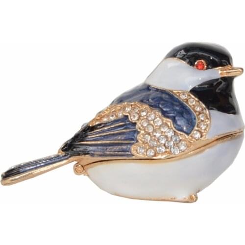 Chickadee Bird Trinket Jewelry Box Enameled Box Crystals Figurine Bird Decor Gifts Ring Holder