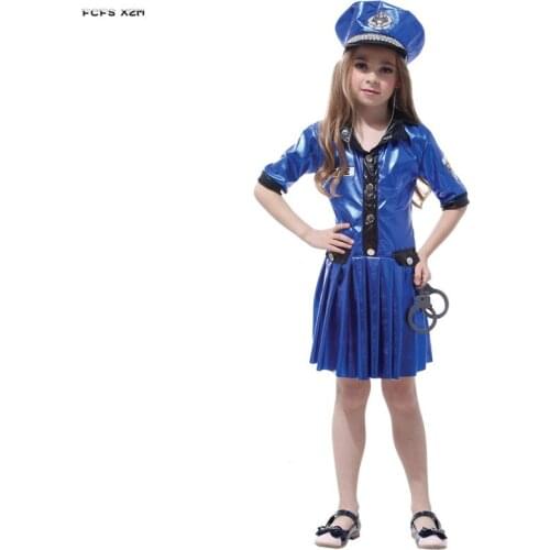 Blue M-XL Girls Halloween Police Costumes for Kids Children Policewoman cosplay stage show Masquerade Role play Rave party dress