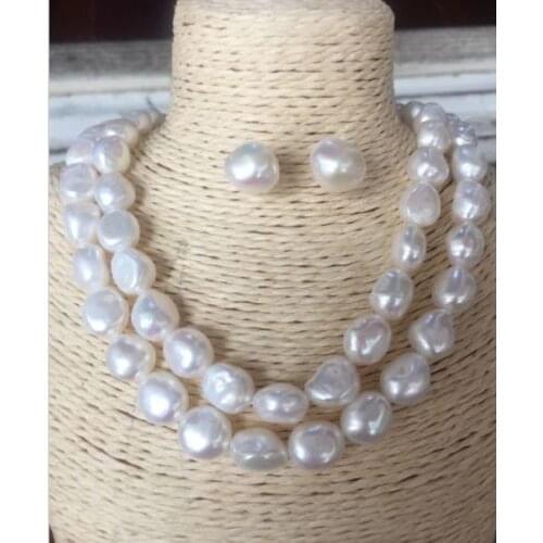 Double strands baroque south sea 11-12mm white pearl necklace18"19" &earring shipping free