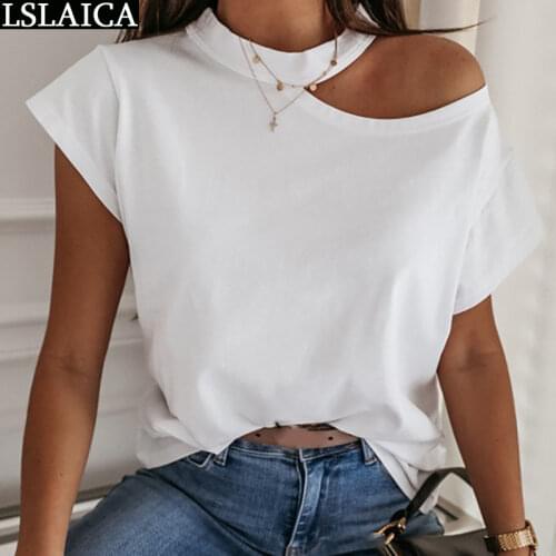 Tshirt short sleeve solid color loose stand collar summer women clothes polyester casual off the shoulder tshirt woman top crop