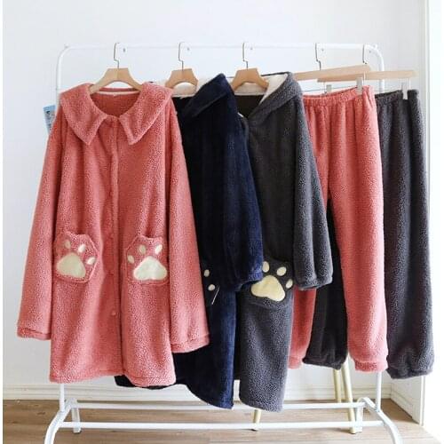 Women And Men Autumn Winter New Flannel Night Robe Pajama Set Couple Thick Warm Velvet Bathrobe Lounge Casual Lady Negligee Suit