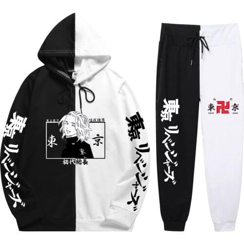 Summer Autumn 2 Pieces Sets Anime Tokyo Revengers Print Hoodies Sets Loose Daily Patchwork Thin Hoodie+Patchwork Pants