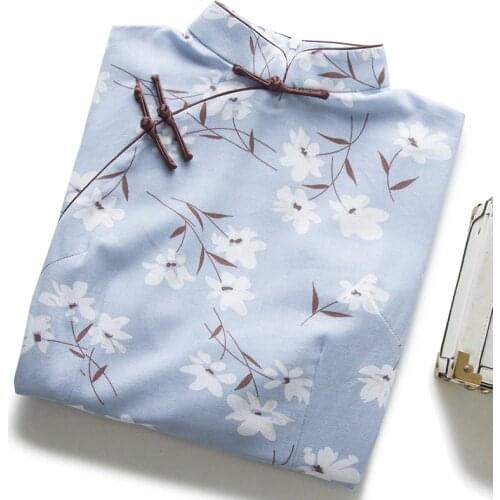 Summer cheongsam young girl Blue elegant white floral Chinese style dress